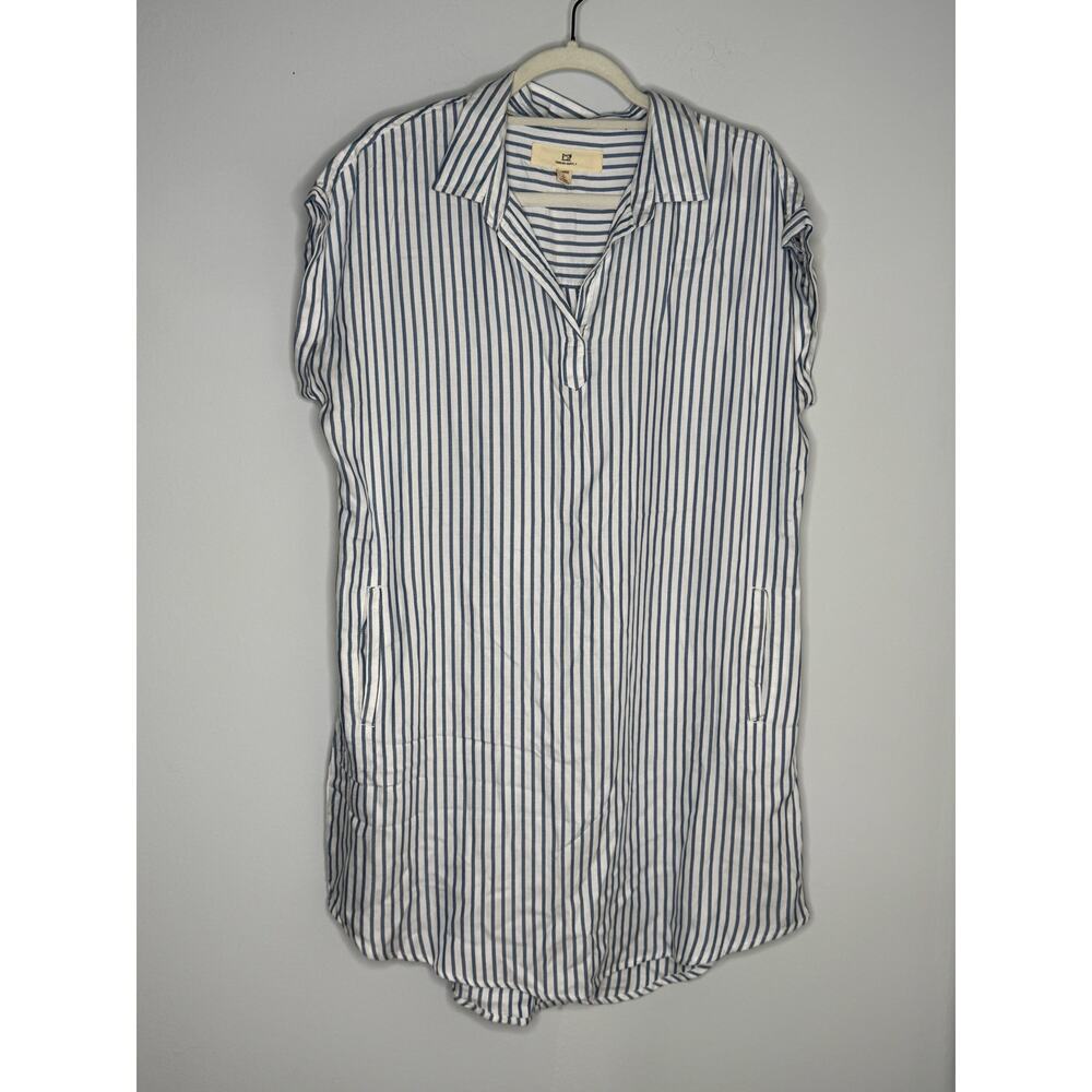 Thread and Supply White and Blue Striped Viscose Shirt Dress Cap Sleeve Sz L